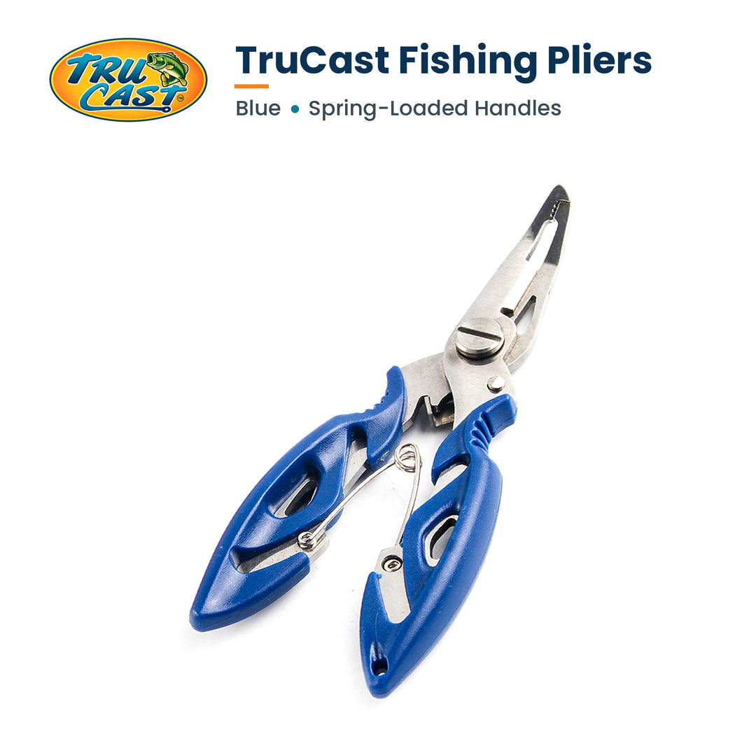 TruCast blue fishing pliers on white background with TruCast branding. Fishing tool for adults, not a toy.