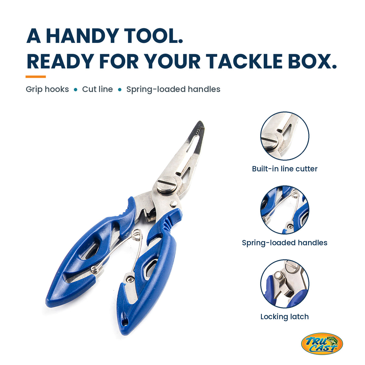 TruCast blue fishing pliers showing line cutter, spring-loaded handles and locking latch. Fishing tool for adults, not a toy.