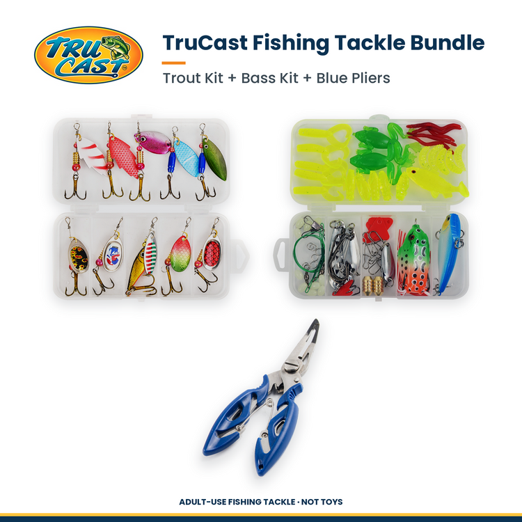 TruCast adult-use fishing tackle bundle with an open Trout spinner lure kit, an open Bass lure kit, and one pair of blue fishing pliers.